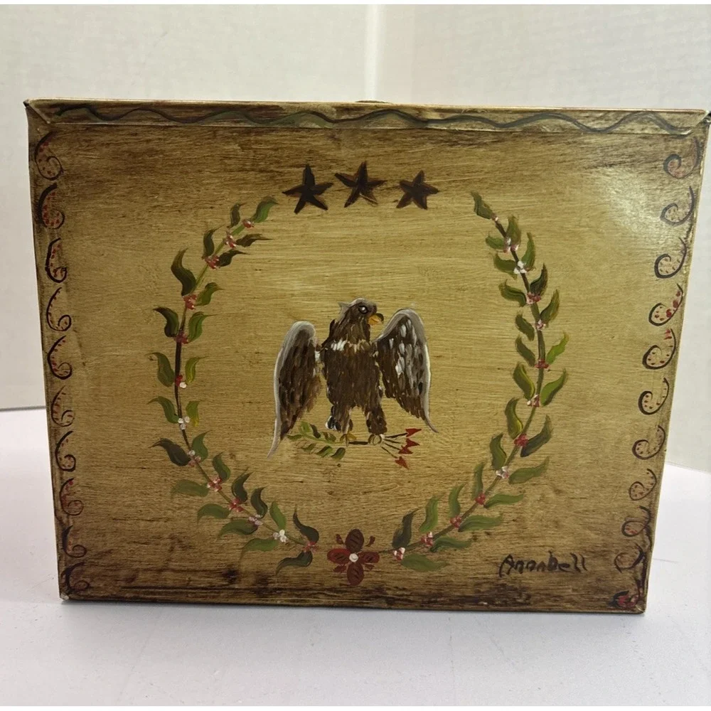 Vtg American Painted Tin‎ Toleware Hinged Box American Eagle Folk 7.25